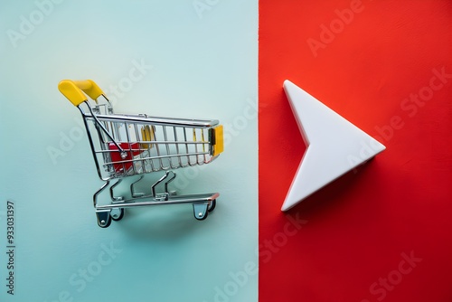 Miniature metallic shopping cart with a yellow handle, next to a red and white triangular object photo
