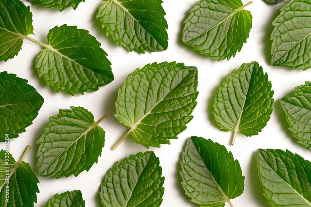 Vibrant green mint leaves scattered across a white background