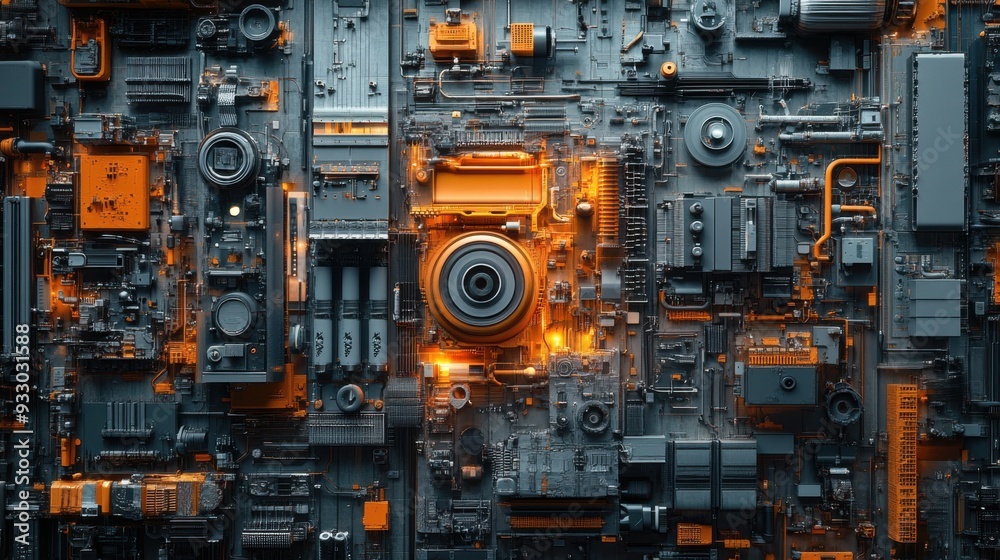 Fototapeta premium Abstract close-up of a complex circuit board with glowing elements.