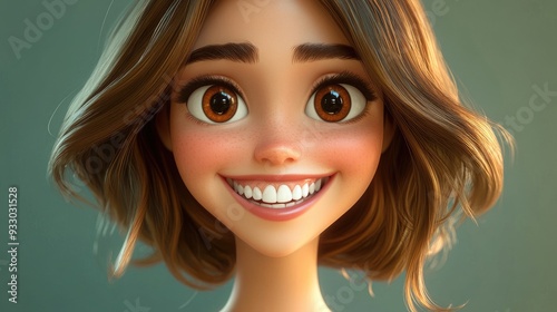 3D Cartoon Portrait of a Cheerful Young Woman with Brown Hair and a Big Toothy Smile Close Up View