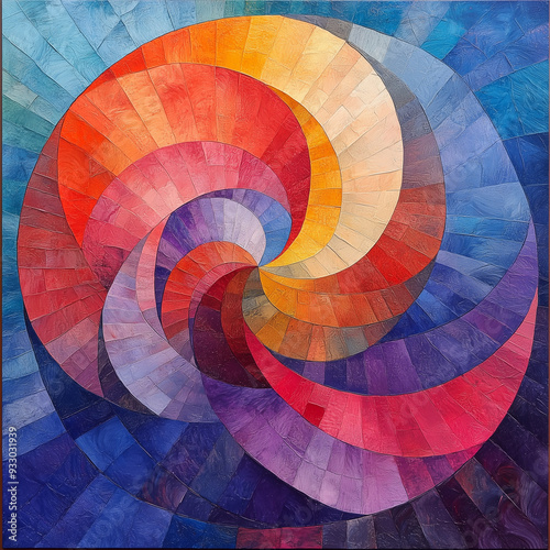 Colorful abstract spiral painting with vibrant hues and gradients. 