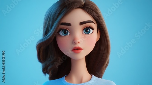 3D Cartoon Portrait of a Girl Against a Blue Background
