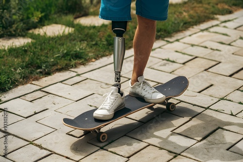 Prosthetic leg on skateboard, blue shorts, grass background photo