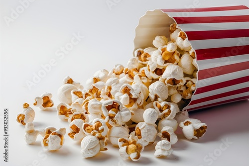 Striped container spills fresh popcorn against a white background photo