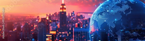 Stunning cityscape at sunset with digital globe overlay, showcasing technology and global connectivity in an urban environment.
