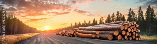 Stacks of freshly cut logs lined up beside a road in a forest at sunrise, showcasing natural beauty and timber industry. photo