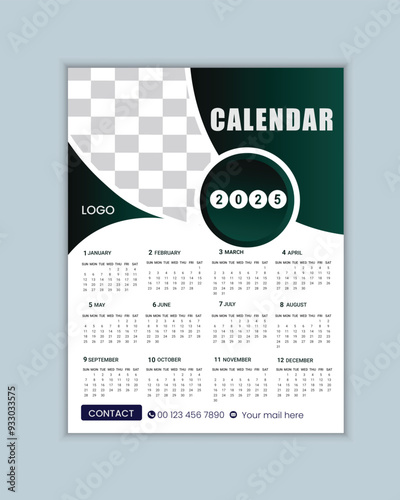 2025 one page wall calendar design template, Print ready, Elegant Design