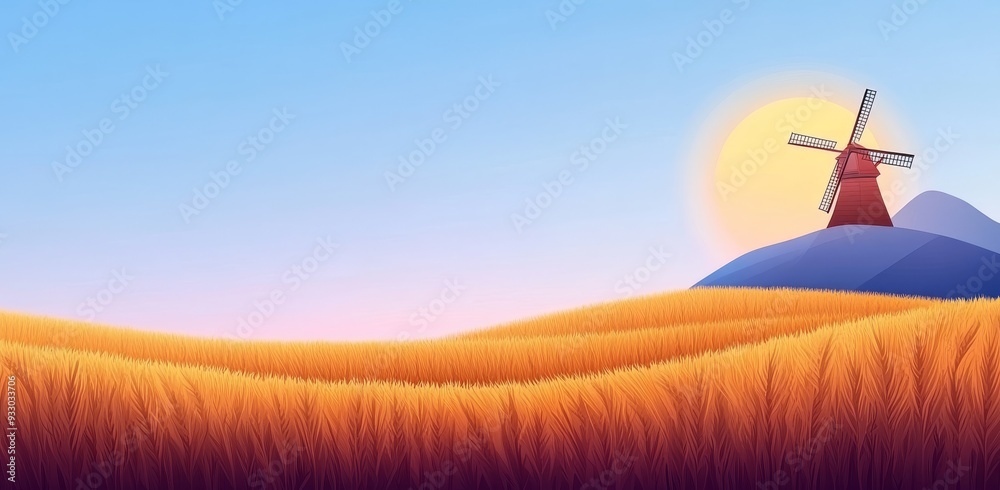 Obraz premium Illustration of a wheat field with a windmill