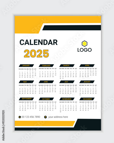 2025 one page wall calendar design template, Print ready, Elegant Design
