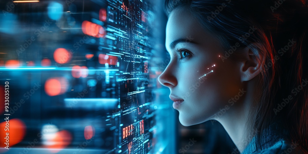 Futuristic Woman in Glasses Analyzing Digital Data, Cyber Technology Background, Cybersecurity expert monitoring AI-driven threats in a high-tech digital workspace, blue-lit data center. Female IT pro Futuristic Woman in Glasses Analyzing Digital Data, Cyber Technology Background, Cybersecurity expert monitoring AI-driven threats in a high-tech digital workspace, blue-lit data center. Female IT pro