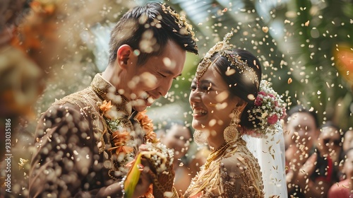 Happy wedding photography of bride and groom at wedding ceremony. Wedding tradition sprinkled with rice and grain. 