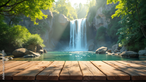 Wooden table with view of mountain and waterfall in the morning background.