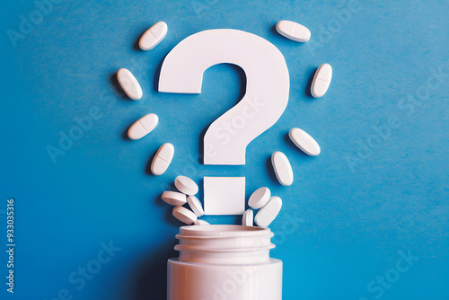 White pill bottle with scattered pills, large question mark, blue background photo