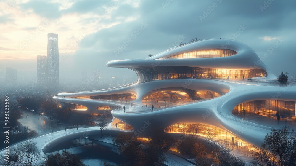 Futuristic architectural design with fluid shapes and glowing interiors. Futuristic architectural design with fluid shapes and glowing interiors.