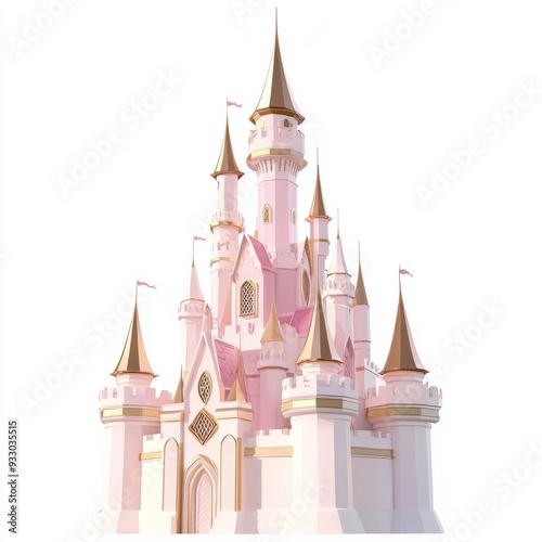 3D Render of a fairy tale castle with pink and gold spires, on isolated white background