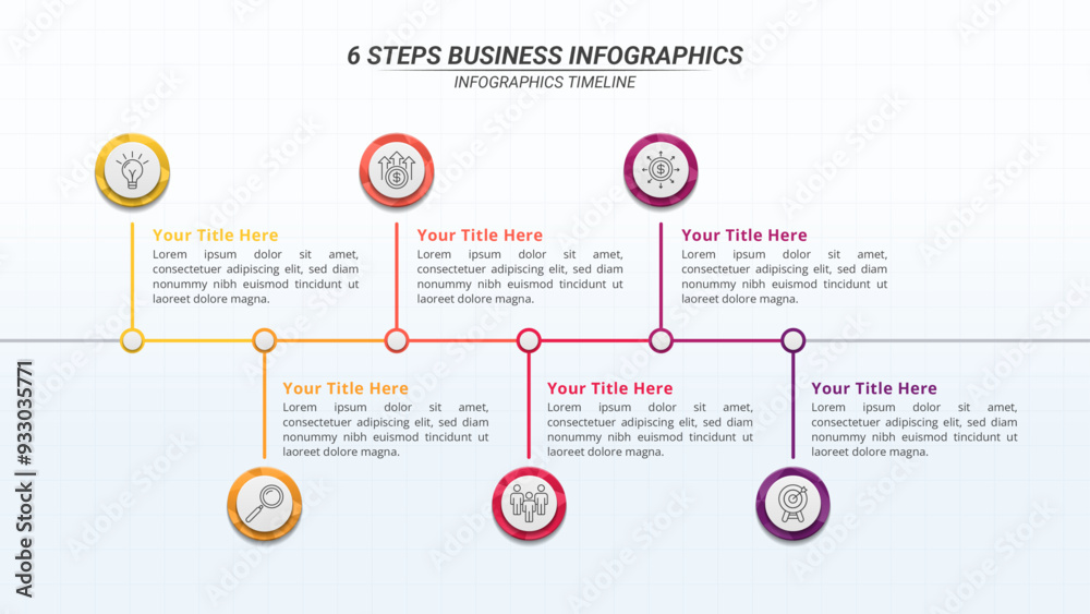 Horizontal Infographic Timeline with 6 Steps and Editable Text on a 16:9 Layout for Business Presentations, Management, and Evaluation. Horizontal Infographic Timeline with 6 Steps and Editable Text on a 16:9 Layout for Business Presentations, Management, and Evaluation.