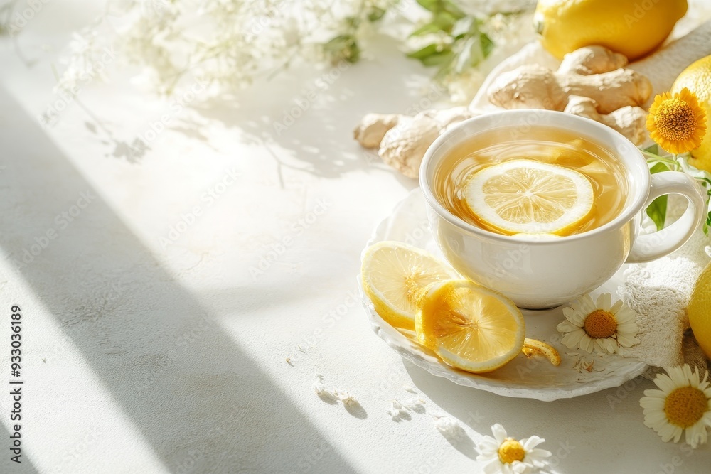 Invigorating lemon ginger tea with fresh ingredients, ideal for health and wellness enthusiasts Invigorating lemon ginger tea with fresh ingredients, ideal for health and wellness enthusiasts