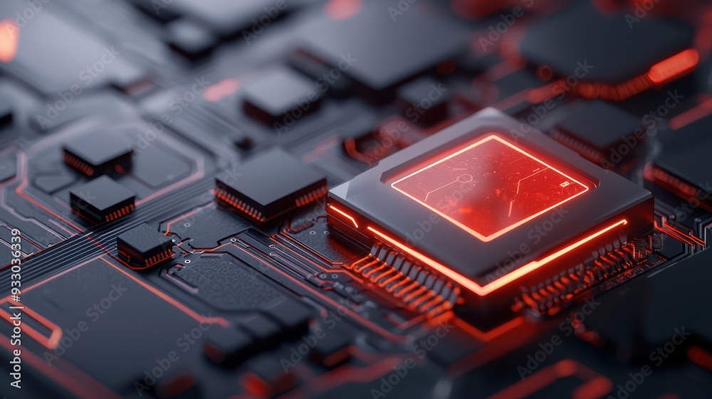 Close-up of a dark circuit board featuring a glowing red microchip, symbolizing advanced technology and innovation. Close-up of a dark circuit board featuring a glowing red microchip, symbolizing advanced technology and innovation.