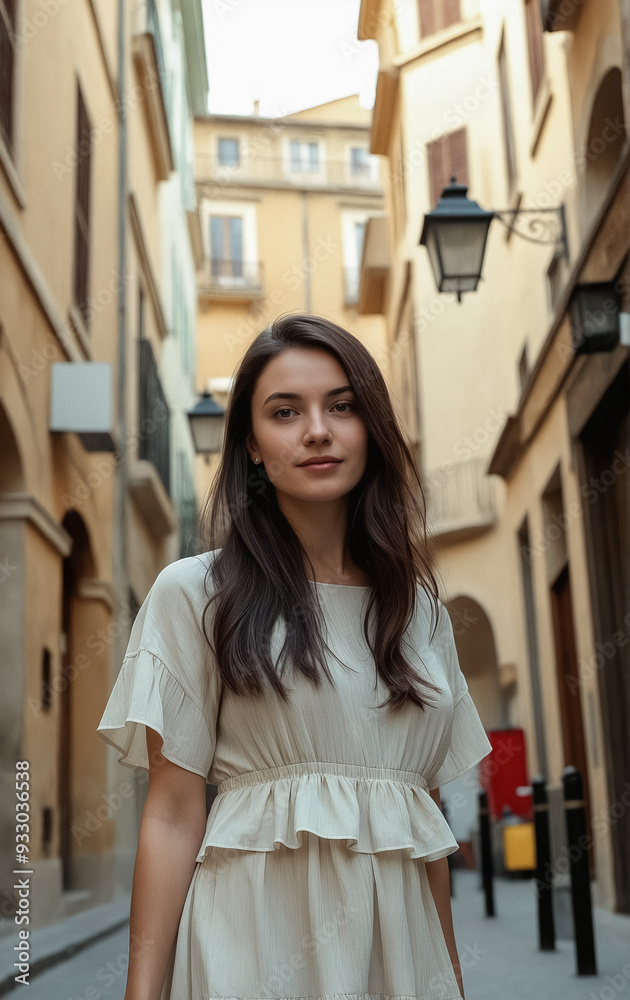 Fototapeta premium Portrait of a young dark-haired woman in a light summer dress on the streets of an old Mediterranean city. Walking around the city.
