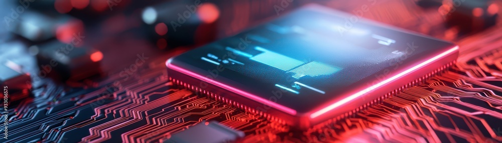 Close-up of a modern microchip on a circuit board with glowing lights, showcasing advanced technology and innovation. Close-up of a modern microchip on a circuit board with glowing lights, showcasing advanced technology and innovation.