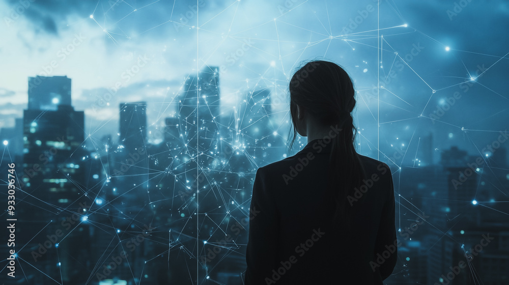 Abstract business woman stands on the peak of success amid tall, innovative Smart city and graphs with statistics to analyze business potential and predict future developments in company growth. Abstract business woman stands on the peak of success amid tall, innovative Smart city and graphs with statistics to analyze business potential and predict future developments in company growth.