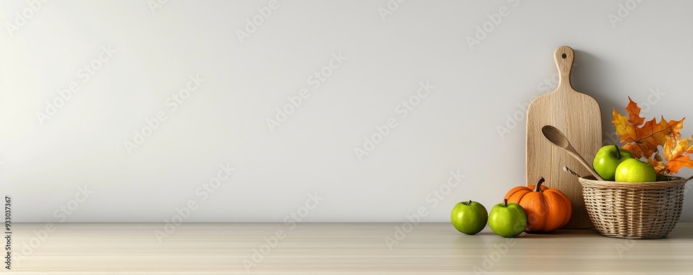 a wooden table with autumn decorations and copy space on a white background a wooden table with autumn decorations and copy space on a white background