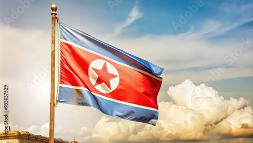 North Korean Flag Waving Against a Cloudy Sky photo