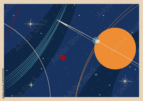 Space Posters Vector Template. Mid Century Modern Space Age Posters Style Background, 1950s - 1960s Colors and Shapes 