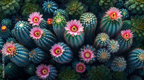 A bunch of cacti with pink flowers photo