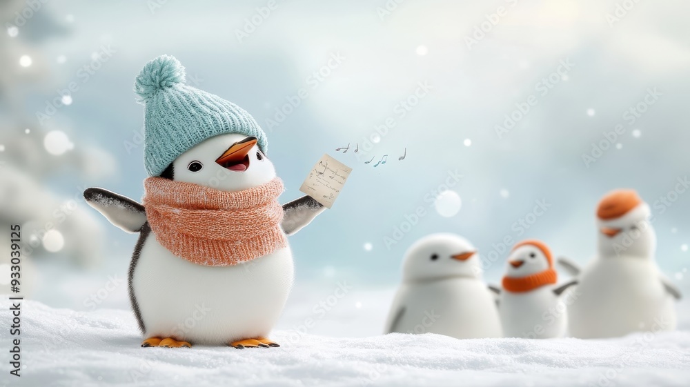 A penguin singing joyfully with other penguins in a lively snowy scene. A penguin singing joyfully with other penguins in a lively snowy scene.