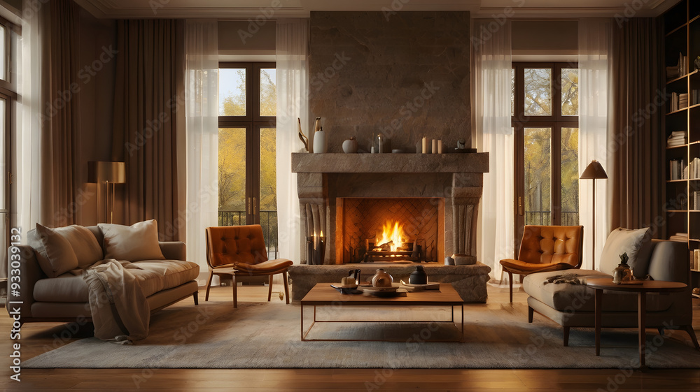 living room with fireplace, ai generated