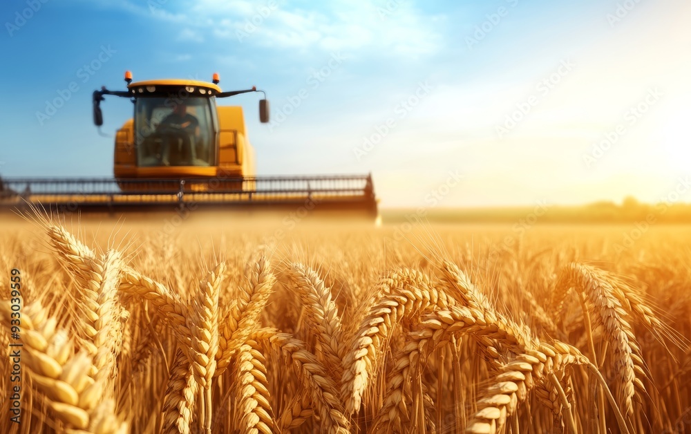 Fototapeta premium a harvest machine working on it and a blue sky background
