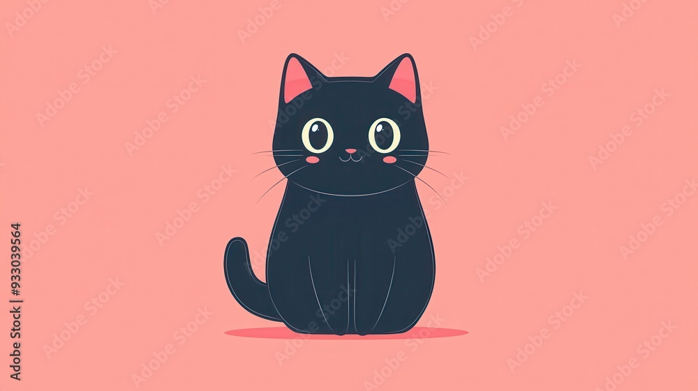A cute black cat with big eyes sitting against a soft pink background, perfect for adding charm to any design.