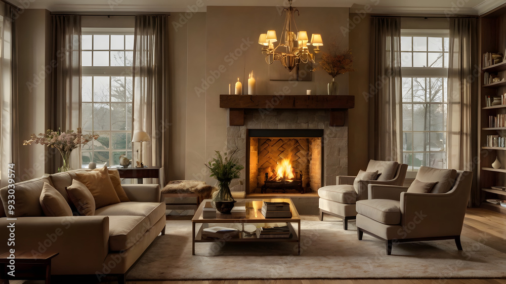 Fototapeta premium living room with fireplace, ai generated