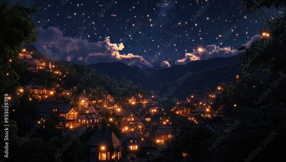 Fototapeta premium Mountain village lit up under starry night.
