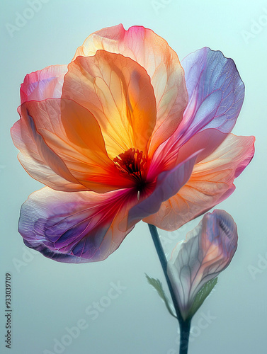 A flower with a pink and orange center and purple and blue petals