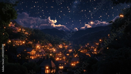 Mountain village lit up under starry night.