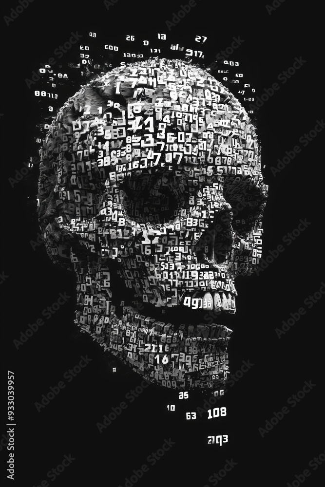 Obraz premium Digital Skull Art: Futuristic Binary Code Skull with Geometric Square Effect on Black Background - High-Res Stock Image for Technology, Cybersecurity, and Sci-Fi Themes