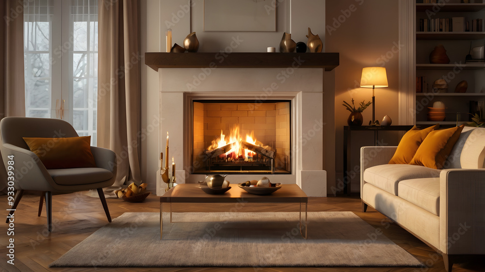 Fototapeta premium living room with fireplace, ai generated