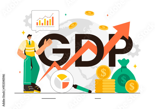 GDP or Gross Domestic Product Vector Illustration with Economic Growth Columns and Market Productivity Charts in a Flat Style Cartoon Background