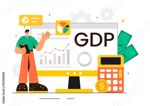 GDP or Gross Domestic Product Vector Illustration with Economic Growth Columns and Market Productivity Charts in a Flat Style Cartoon Background