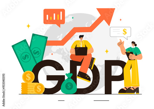GDP or Gross Domestic Product Vector Illustration with Economic Growth Columns and Market Productivity Charts in a Flat Style Cartoon Background