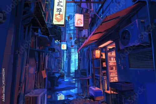 Dim alleyway with neon lights casting a warm, peaceful light. Cozy vibe, Generative AI