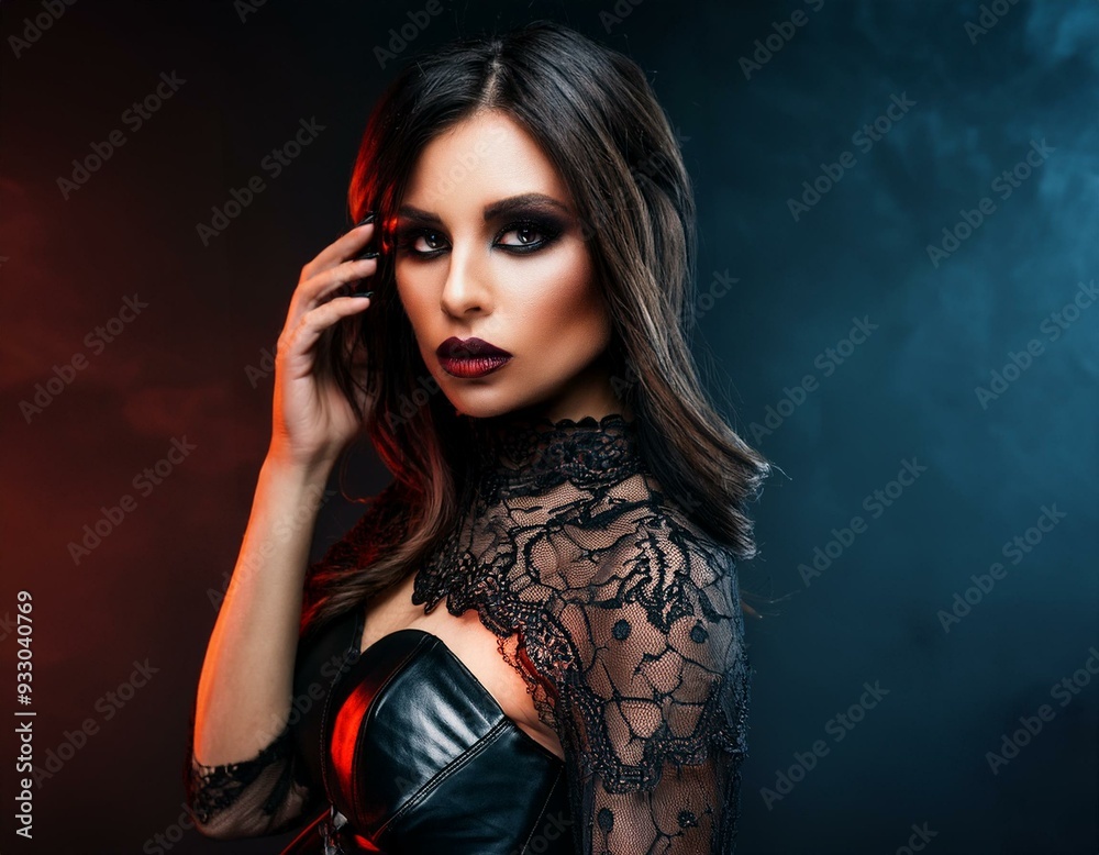 A striking portrait of a woman in dark attire with dramatic makeup, embodying elegance and mystery under a moody atmosphere. A striking portrait of a woman in dark attire with dramatic makeup, embodying elegance and mystery under a moody atmosphere.
