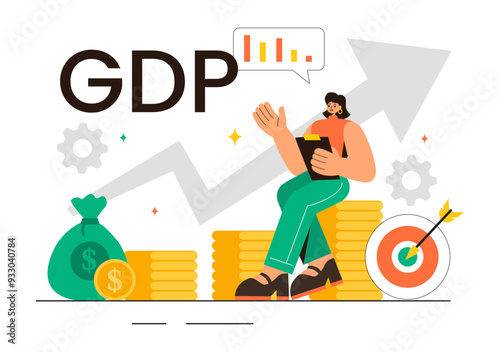 GDP or Gross Domestic Product Vector Illustration with Economic Growth Columns and Market Productivity Charts in a Flat Style Cartoon Background