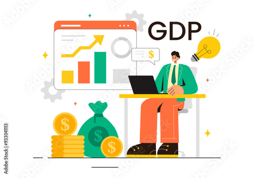 GDP or Gross Domestic Product Vector Illustration with Economic Growth Columns and Market Productivity Charts in a Flat Style Cartoon Background