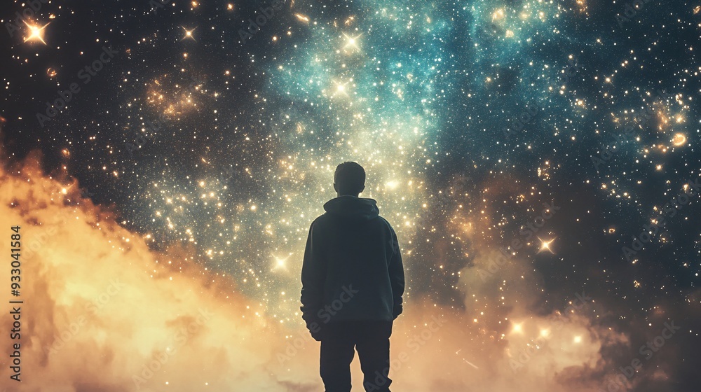 A man, feeling uncertain and alone, stares into the night sky, seeking answers in the stars A man, feeling uncertain and alone, stares into the night sky, seeking answers in the stars