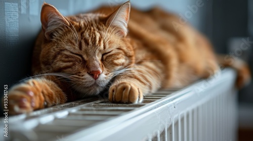 The ginger cat rests contentedly on a radiator, basking in warmth while enjoying a serene afternoon lull