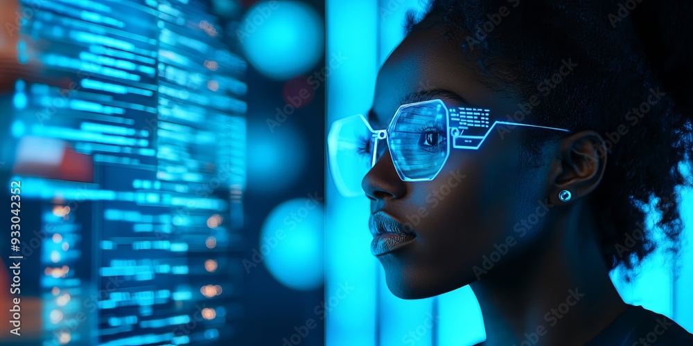 Futuristic Woman in Glasses Analyzing Digital Data, Cyber Technology Background, Cybersecurity expert monitoring AI-driven threats in a high-tech digital workspace, blue-lit data center. Female IT pro Futuristic Woman in Glasses Analyzing Digital Data, Cyber Technology Background, Cybersecurity expert monitoring AI-driven threats in a high-tech digital workspace, blue-lit data center. Female IT pro