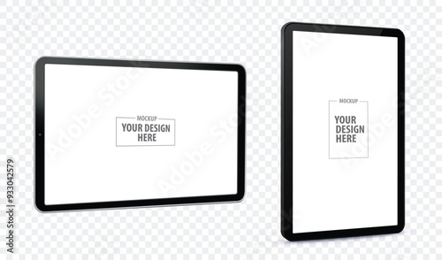 Tablet Computer Vector Mockup Illustration with Horizontal and Vertical Perspective View. Tablet PC Screens Isolated on Transparent Background.